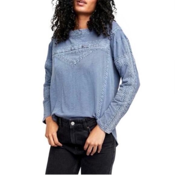FREE PEOPLE Boy Meets Girl Long Sleeve Top. Pacific Coast Blue. Large. - Picture 1 of 12